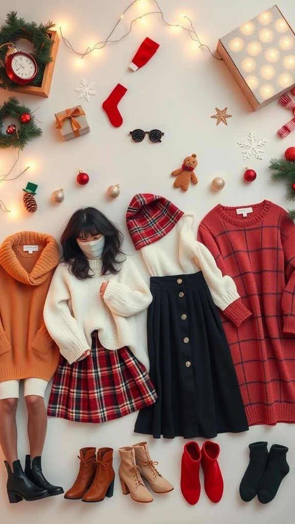 Korean Aesthetic Christmas Outfit Ideas Flat lay of Korean aesthetic Christmas outfits with sweaters, skirts, and accessories on a festive background.